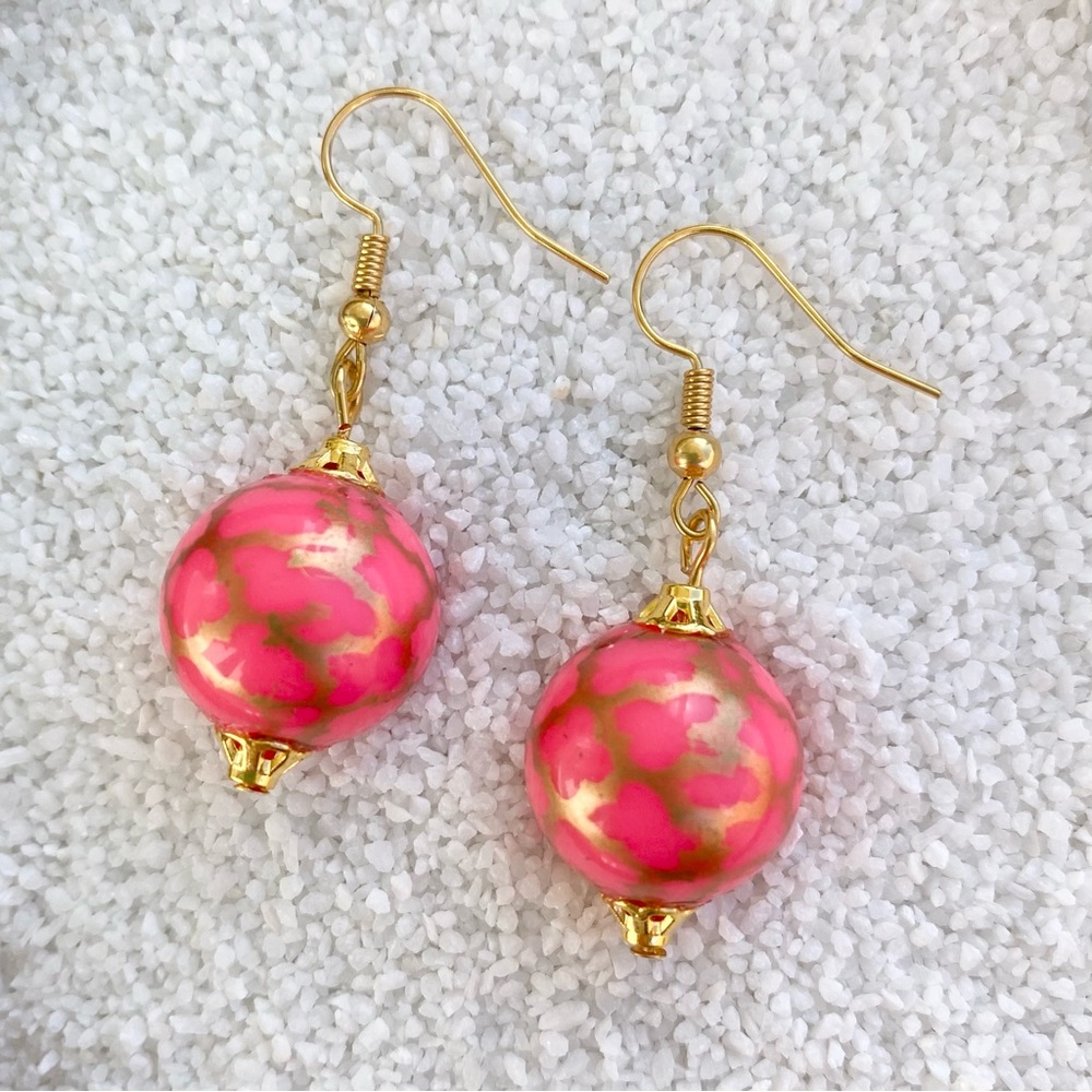 Handmade Hot Pink and Gold Geometric Print Bead Elise Earrings